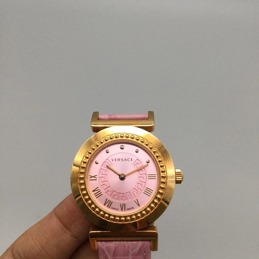 Versace Womens Watch 35mm Pink Dial Gold Tone Leather Swiss Medusa New Battery